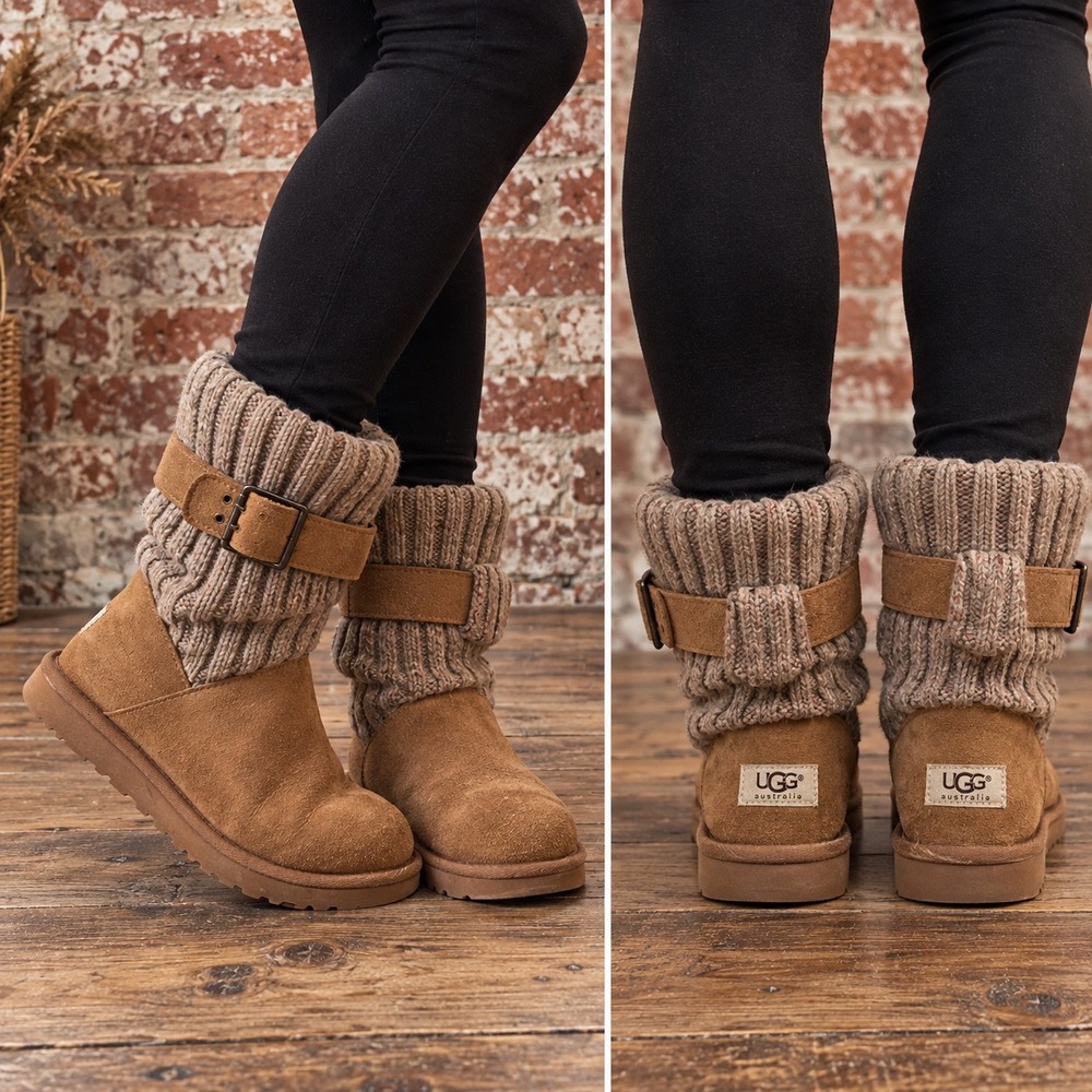Y2K UGG Australia Cardy Suede Knit Buckle Boots 8 2000s Fall Autumn Boho Cabin